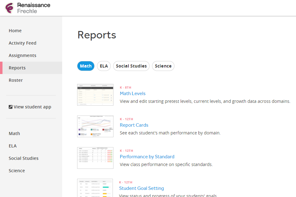 What math reporting and data is available on Freckle?