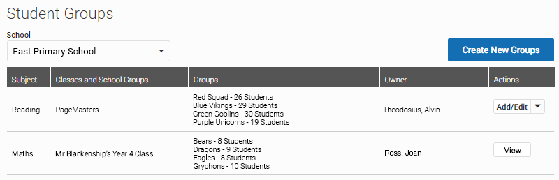 Manage Groups - Student Groups Page