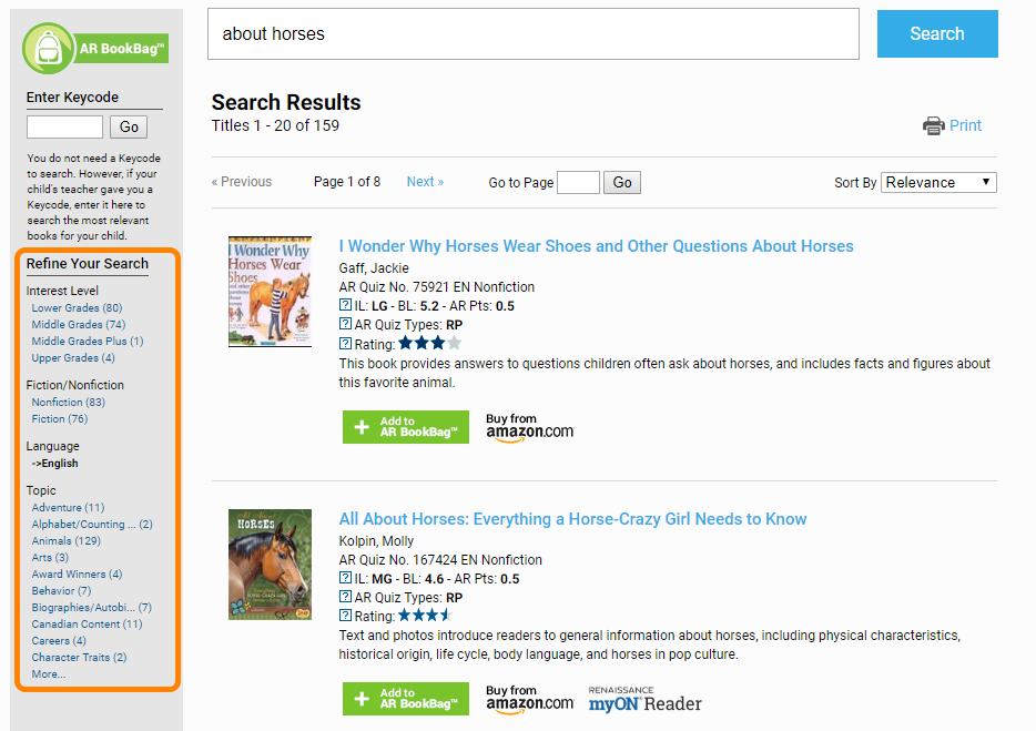 Viewing AR Bookfinder Search Results