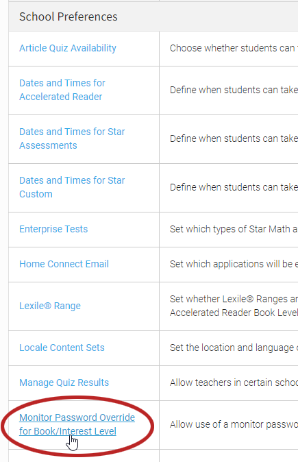 Monitor Password Override for Book/Interest Level Preference