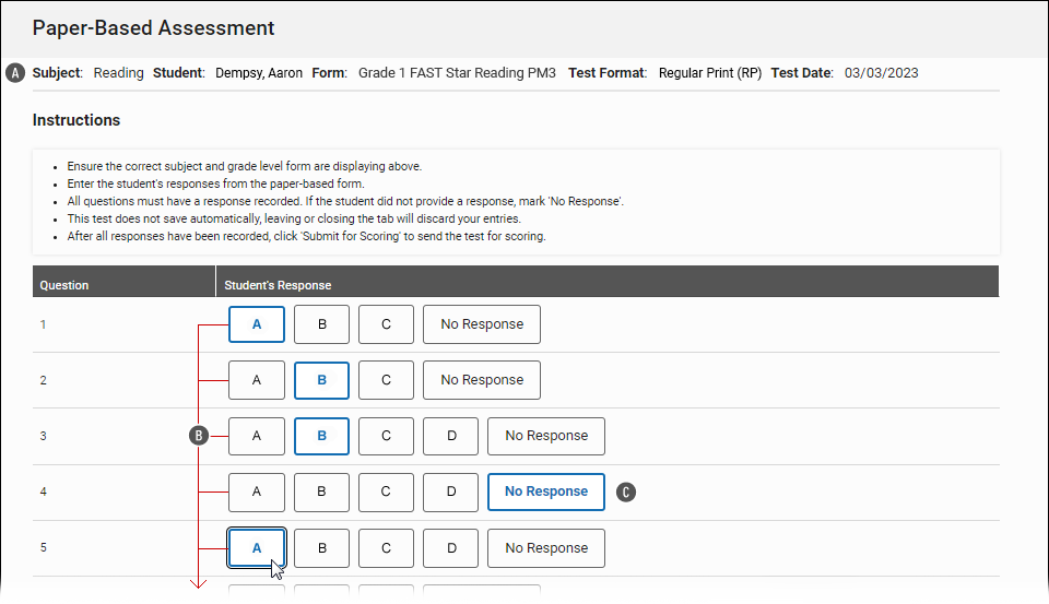 Star Record Book - Paper-Based Assessment - Enter Responses Page