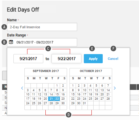 Adding/Editing Days Off