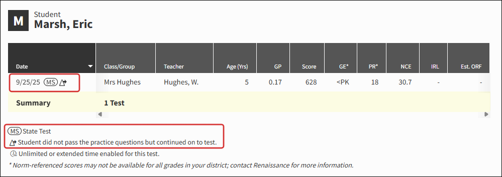 Star Test Record Report