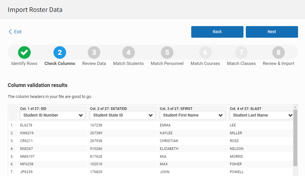 Single-School File Import: Step 2 Check Columns