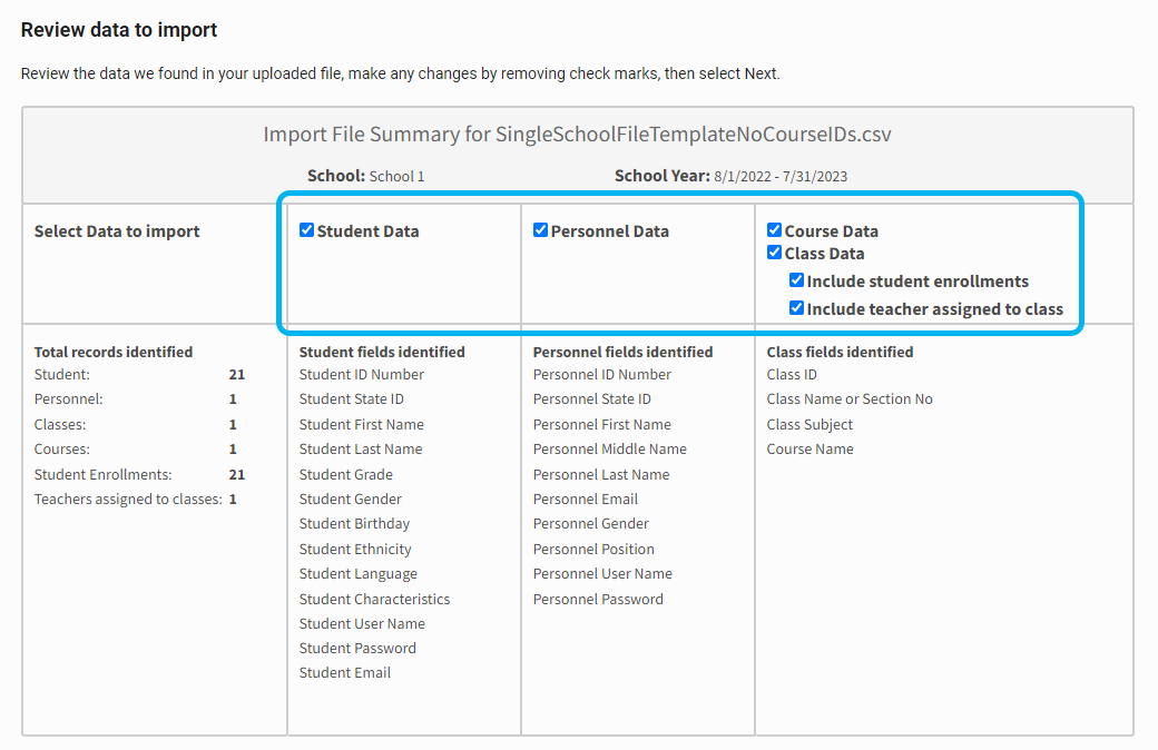 Single-School File Import: Step 3 Review Data