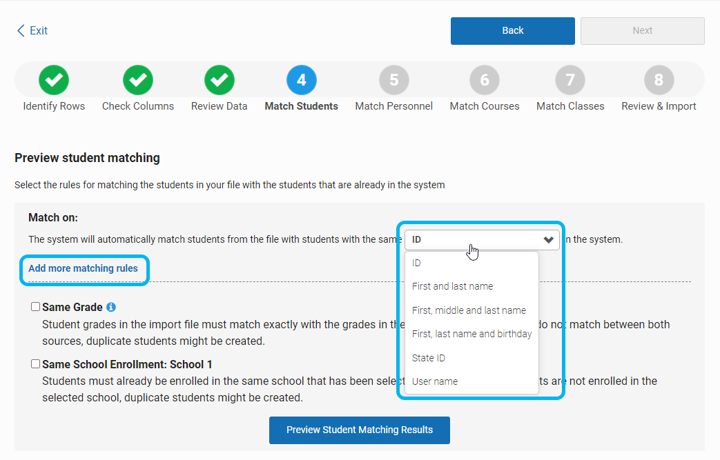 Single-School File Import: Step 4 Match Students