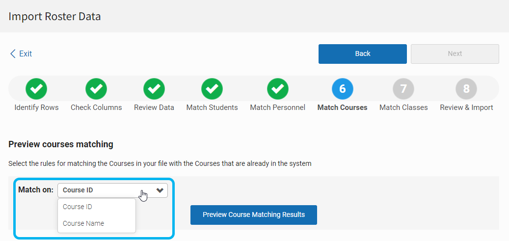 Single-School File Import: Step 6 Match Courses