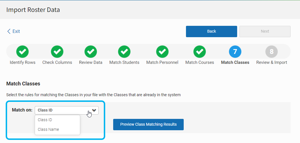 Single-School File Import: Step 7 Match Classes