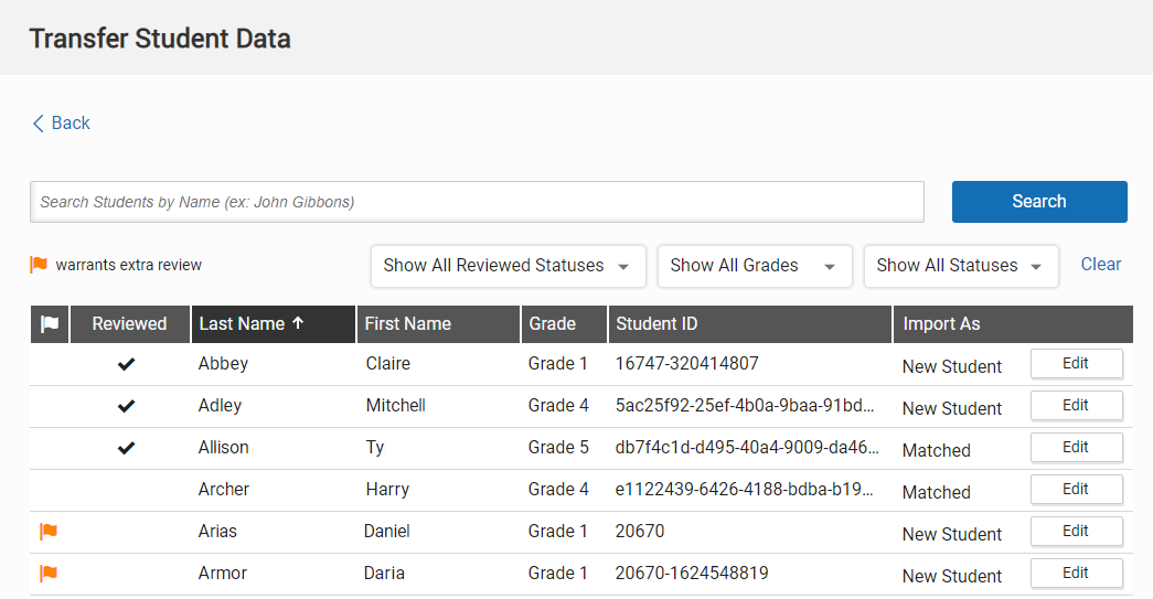 Transfer Student Data - Review and Edit Matches
