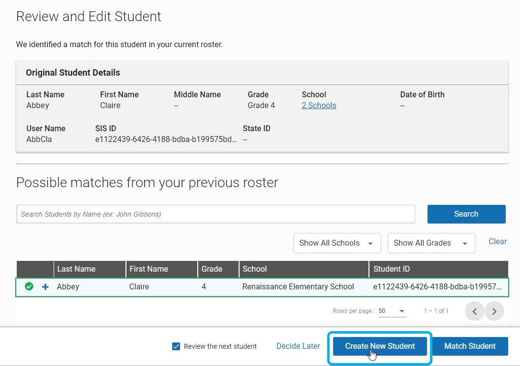 Transfer Student Data - Review and Edit Student Match