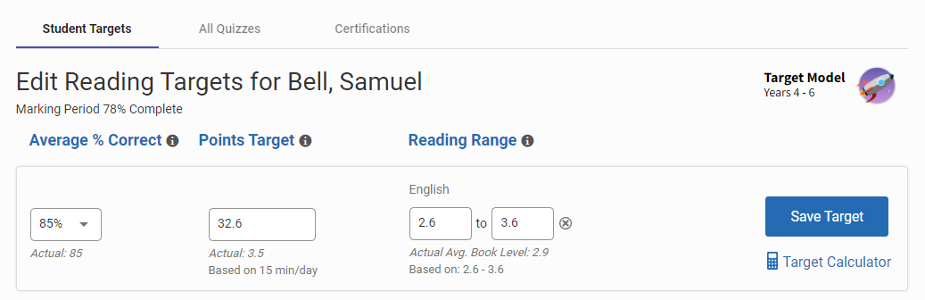 Student Details - Student Targets (Target Models for Older Students)