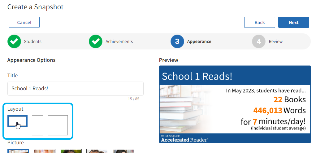 Create Reading Snapshots Step 3, Choose Appearance