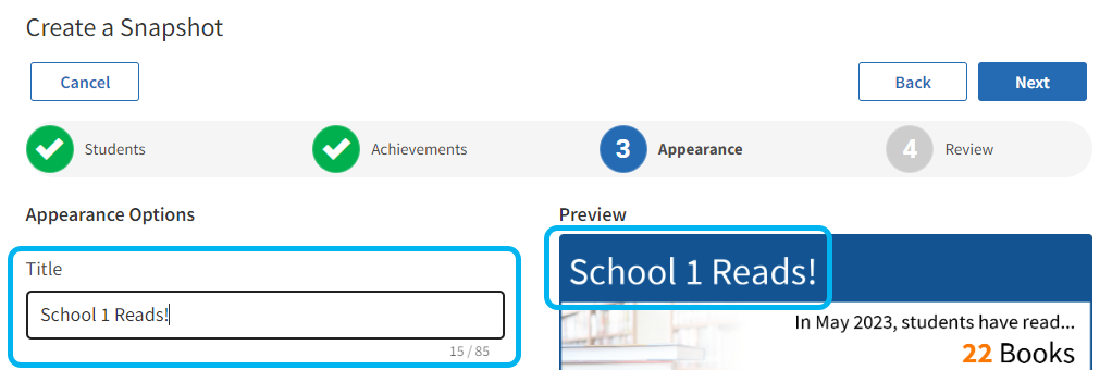 Create Reading Snapshots Step 3, Choose Appearance
