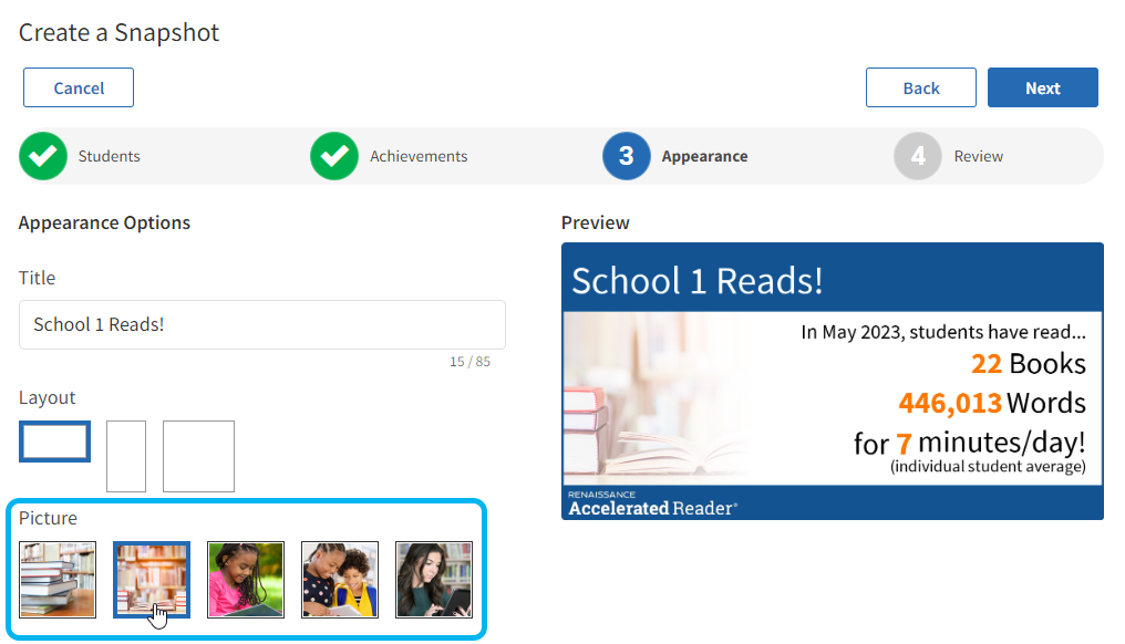 Create Reading Snapshots Step 3, Choose Appearance