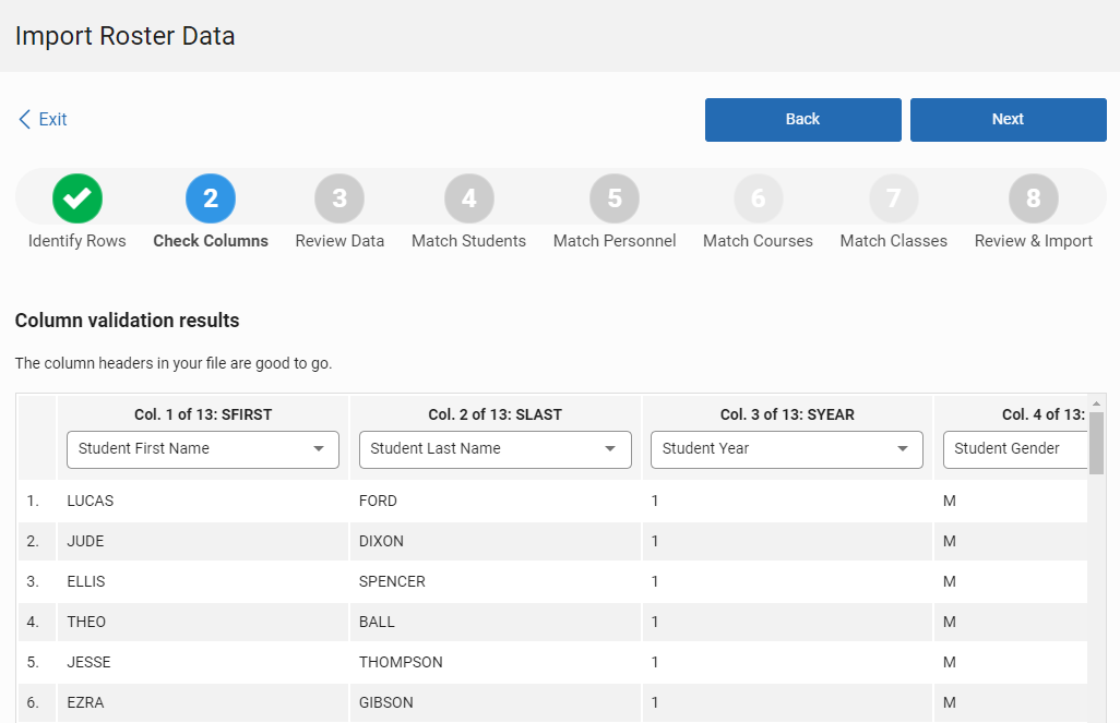 Single-School File Import: Step 2 Check Columns