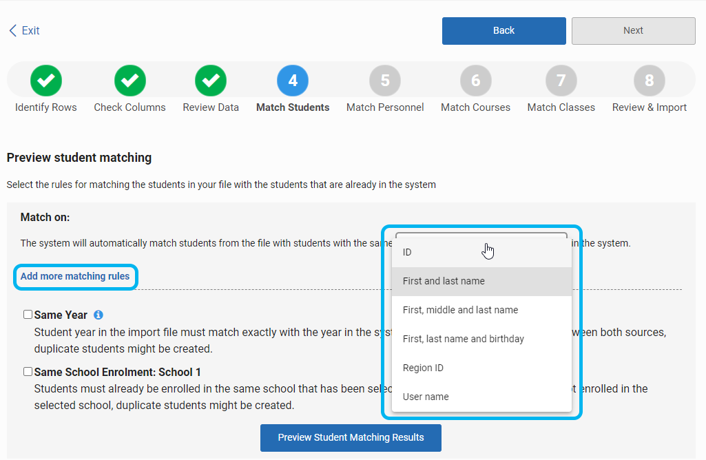 Single-School File Import: Step 4 Match Students
