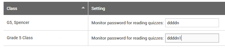 Monitor Password - Reading Quizzes (Preferences)