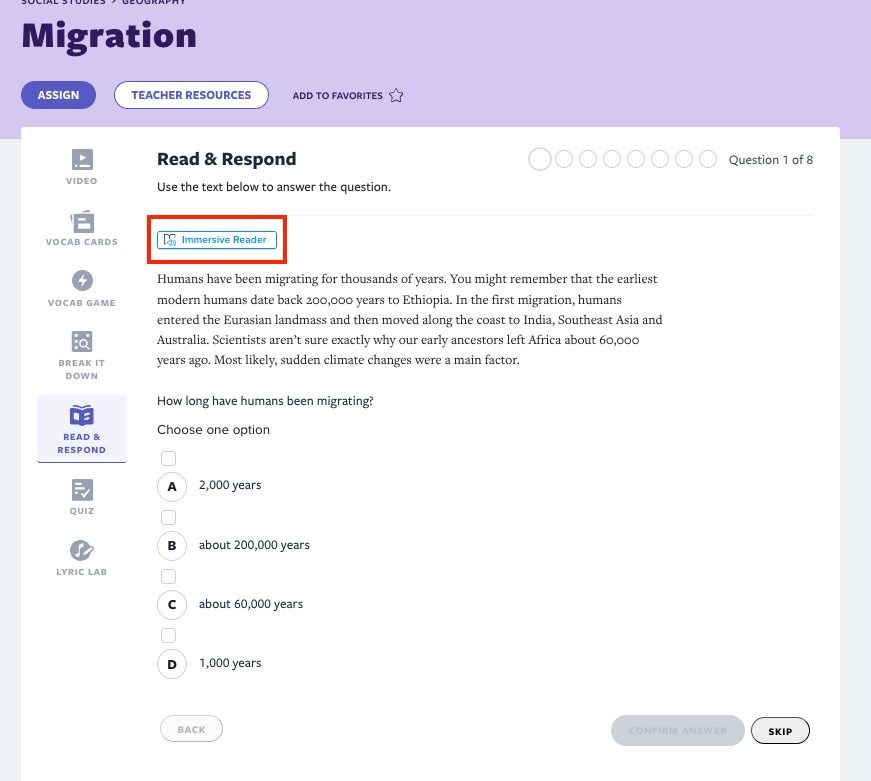 Flocabulary's Integration with Microsoft's Immersive Reader