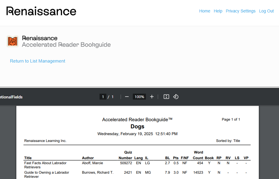 Book List/Search Results Report in AR Bookguide
