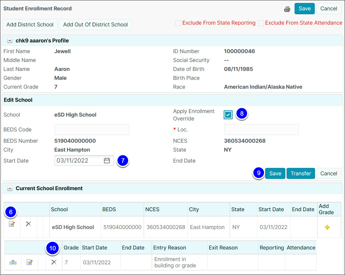 Edit the School Enrollment Record