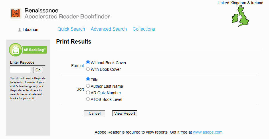 Printing the AR BookBag to PDF (AR Bookfinder)