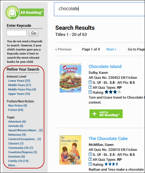 Viewing Search Results in Accelerated Reader Bookfinder
