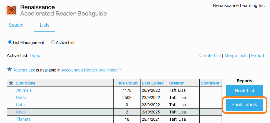 Book Labels Report in AR Bookguide