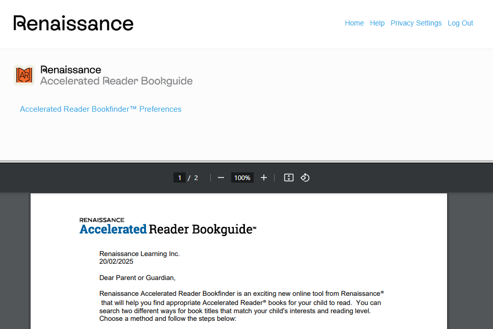 Informational Letter for AR Bookfinder